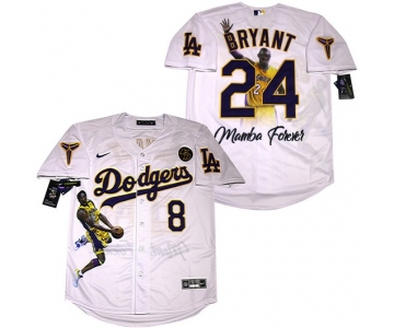 Men's Los Angeles Dodgers #8 #24 Kobe Bryant White With KB Patch Cool Base Stitched MLB Fashion Jersey