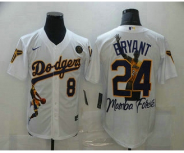 Men's Los Angeles Dodgers Front #8 Back #24 Kobe Bryant White With KB Patch Cool Base Stitched MLB Fashion Jersey