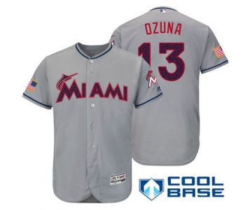 Men's Miami Marlins #13 Marchell Ozuna Gray Stars & Stripes Fashion Independence Day Stitched MLB Majestic Cool Base Jersey