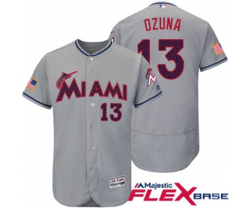 Men's Miami Marlins #13 Marchell Ozuna Gray Stars & Stripes Fashion Independence Day Stitched MLB Majestic Flex Base Jersey