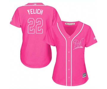 Brewers #22 Christian Yelich Pink Fashion Women's Stitched Baseball Jersey