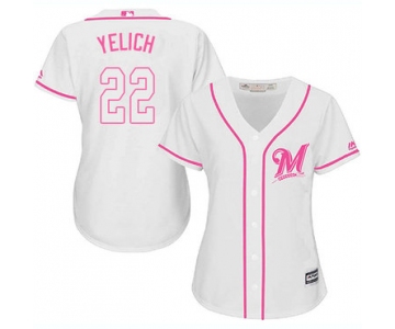 Brewers #22 Christian Yelich White Pink Fashion Women's Stitched Baseball Jersey