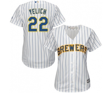 Brewers #22 Christian Yelich White Strip Home Women's Stitched Baseball Jersey