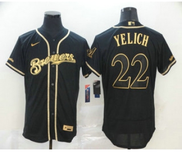 Men's Milwaukee Brewers #22 Christian Yelich Black Golden Stitched MLB Flex Base Nike Jersey