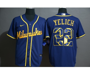 Men's Milwaukee Brewers #22 Christian Yelich Blue White Team Logo Stitched MLB Cool Base Nike Jersey