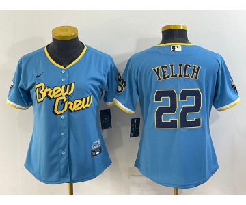 Women's Milwaukee Brewers #22 Christian Yelich Blue 2022 City Connect Cool Base Stitched Jersey