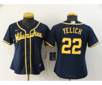 Women's Milwaukee Brewers #22 Christian Yelich Navy Blue Stitched MLB Cool Base Nike Jersey