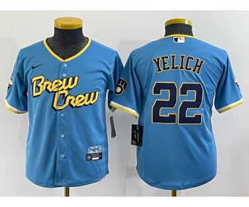 Youth Milwaukee Brewers #22 Christian Yelich Blue 2022 City Connect Cool Base Stitched Jersey