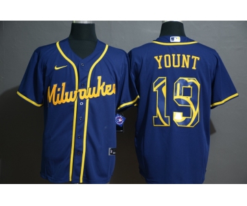 Men's Milwaukee Brewers #19 Robin Yount Blue White Team Logo Stitched MLB Cool Base Nike Jersey