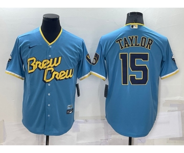 Men's Milwaukee Brewers #15 Tyrone Taylor Blue 2022 City Connect Cool Base Stitched Jersey