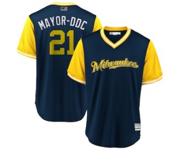 Men's Milwaukee Brewers 21 Travis Shaw Mayor-DDC Majestic Navy 2018 Players' Weekend Cool Base Jersey