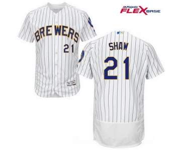 Men's Milwaukee Brewers #21 Travis Shaw White Pinstripe Home Stitched MLB Majestic Flex Base Jersey