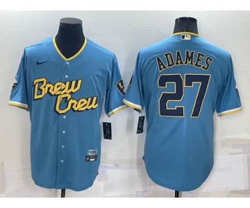 Men's Milwaukee Brewers #27 Willy Adames 2022 Powder Blue City Connect Cool Base Stitched Jersey