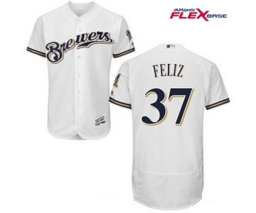 Men's Milwaukee Brewers #37 Neftali Feliz All White Stitched MLB Majestic Flex Base Jersey