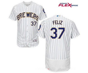 Men's Milwaukee Brewers #37 Neftali Feliz White Pinstripe Home Stitched MLB Majestic Flex Base Jersey