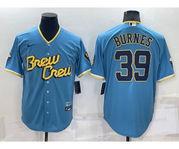 Men's Milwaukee Brewers #39 Corbin Burnes Blue 2022 City Connect Cool Base Stitched Jersey