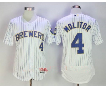 Men's Milwaukee Brewers #4 Paul Molitor Retired White Pinstripe Stitched MLB Majestic Flex Base Jersey