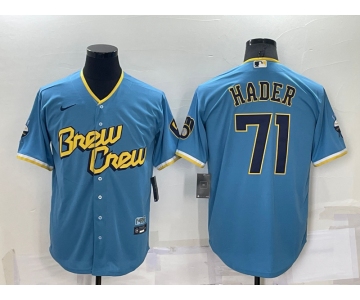 Men's Milwaukee Brewers #71 Josh Hader Blue 2022 City Connect Cool Base Stitched Jersey