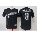 Men's Milwaukee Brewers #8 Ryan Braun Black Team Logo Ornamented Stitched MLB Majestic Cool Base Jersey