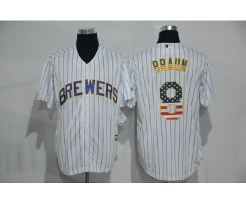 Men's Milwaukee Brewers #8 Ryan Braun White Pinstripe USA Flag Fashion MLB Baseball Jersey