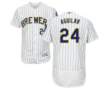 Milwaukee Brewers 24 Jesus Aguilar White Strip Flexbase Authentic Collection Stitched Baseball Jersey