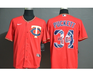 Men's Minnesota Twins #34 Kirby Puckett Red White Team Logo Stitched MLB Cool Base Nike Jersey