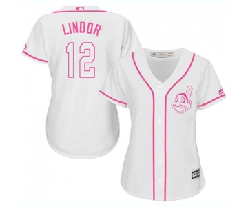 Indians #12 Francisco Lindor White Pink Fashion Women's Stitched Baseball Jersey