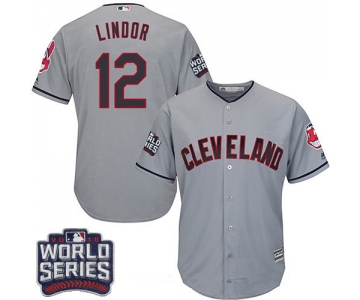 Men's Cleveland Indians #12 Francisco Lindor Gray Road 2016 World Series Patch Stitched MLB Majestic Cool Base Jersey