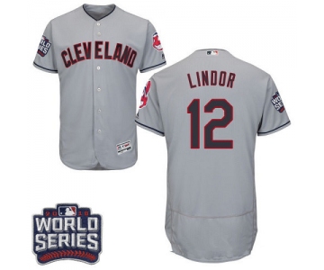 Men's Cleveland Indians #12 Francisco Lindor Gray Road 2016 World Series Patch Stitched MLB Majestic Flex Base Jersey