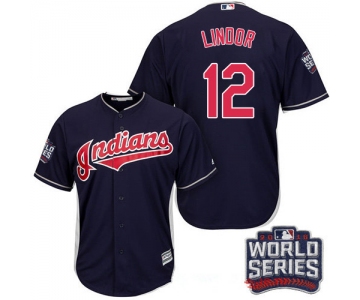 Men's Cleveland Indians #12 Francisco Lindor Navy Blue Alternate 2016 World Series Patch Stitched MLB Majestic Cool Base Jersey