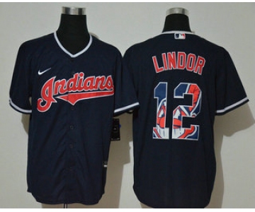 Men's Cleveland Indians #12 Francisco Lindor Navy Blue Team Logo Stitched MLB Cool Base Nike Jersey