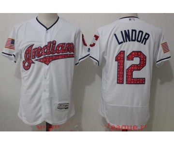 Men's Cleveland Indians #12 Francisco Lindor White 2017 Stars & Stripes Stitched MLB Majestic Flex Base Jersey