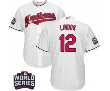 Men's Cleveland Indians #12 Francisco Lindor White Home 2016 World Series Patch Stitched MLB Majestic Cool Base Jersey