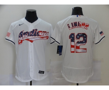 Men's Cleveland Indians #12 Francisco Lindor White USA Flag Stitched MLB Flex Base Nike Jersey