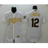Men's Cleveland Indians #12 Francisco Lindor White With Gold Stitched MLB Flex Base Nike Jersey