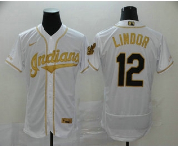 Men's Cleveland Indians #12 Francisco Lindor White With Gold Stitched MLB Flex Base Nike Jersey