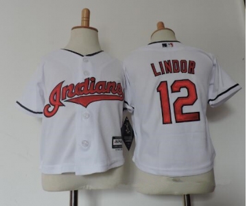 Toddler Cleveland Indians #12 Francisco Lindor White Stitched MLB Majestic Cool Base Jersey