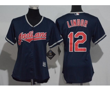 Women's Cleveland Indians #12 Francisco Lindor Navy Blue Stitched MLB Majestic Cool Base Jersey