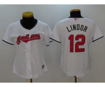 Women's Cleveland Indians #12 Francisco Lindor White With Pink Mother's Day Stitched MLB Majestic Cool Base Jersey