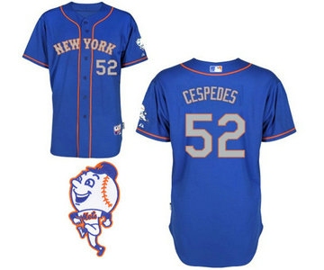 Men's New York Mets #52 Yoenis Cespedes Alternate Blue With Gray MLB Cool Base Jersey With 2015 Mr. Met Patch