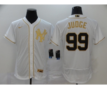 Men's New York Yankees #99 Aaron Judge White Golden Stitched MLB Flex Base Nike Jersey