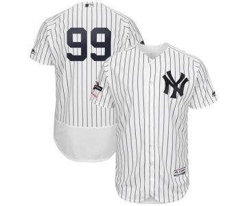 New York Yankees #99 Aaron Judge Majestic 2019 Postseason Authentic Flex Base Player White Navy Jersey