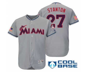 Men's Miami Marlins #27 Giancarlo Stanton Gray Stars & Stripes Fashion Independence Day Stitched MLB Majestic Cool Base Jersey