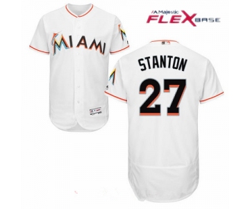 Men's Miami Marlins #27 Giancarlo Stanton White Home Patch Stitched MLB Majestic Flex Base Jersey