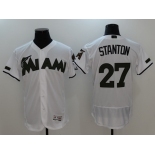 Men's Miami Marlins #27 Giancarlo Stanton Whtie With Green Memorial Day Stitched MLB Majestic Flex Base Jersey