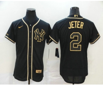 Men's New York Yankees #2 Derek Jeter Black Golden Stitched MLB Flex Base Nike Jersey