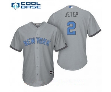 Men's New York Yankees #2 Derek Jeter Gray With Baby Blue Father's Day Stitched MLB Majestic Cool Base Jersey