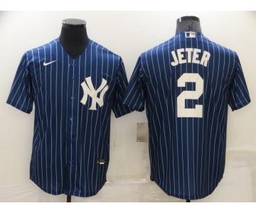 Men's New York Yankees #2 Derek Jeter Navy Blue Pinstripe Stitched MLB Cool Base Nike Jersey