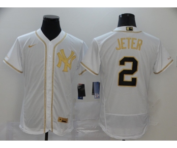 Men's New York Yankees #2 Derek Jeter White Golden Stitched MLB Flex Base Nike Jersey