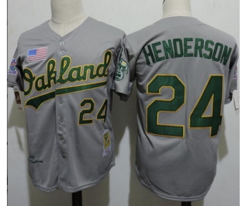 Men's Oakland Athletics #24 Rickey Henderson Gray Road Mitchell & Ness 1989 Throwback Collection Baseball Jersey